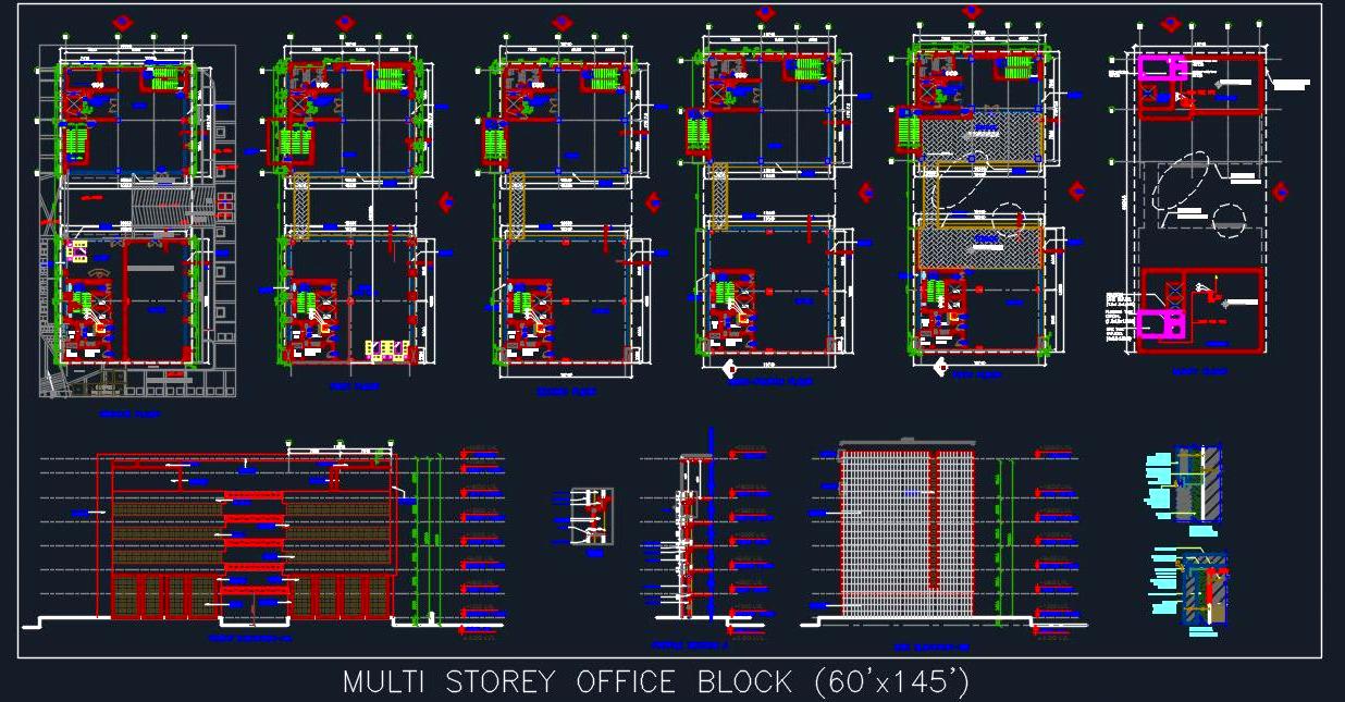 Multi-Storey Office Block DWG with Detailed Elevations